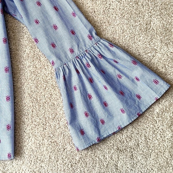 Kenar Cotton Popover Blouse Bell Sleeves Blue White Stripes Lightweight Large - Picture 7 of 10